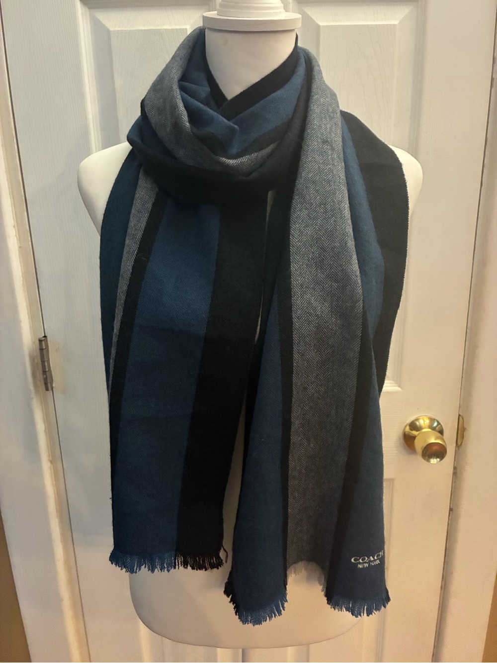 Coach New York Wool Cashmere Scarf Blue Black Striped Herringbone Fringed Unisex